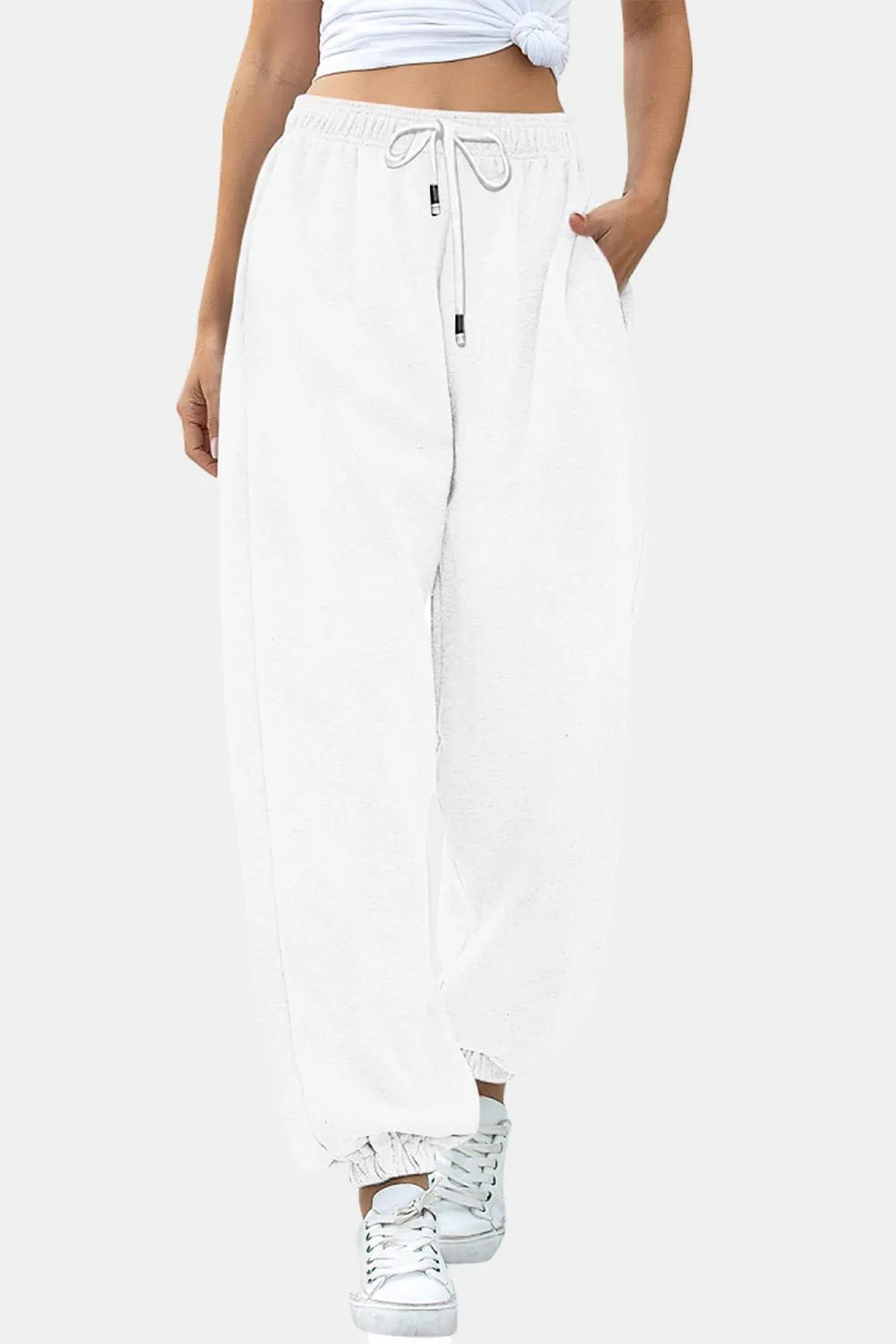Women's Elastic Waist Joggers with Pockets | Soft Flowy Everyday Jogger | CozyFits in White