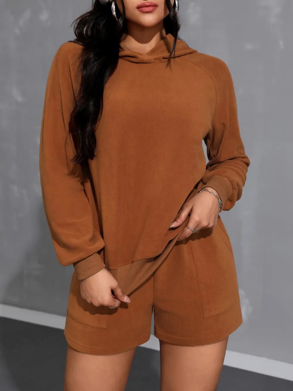 Women’s Long Sleeve Hoodie and Pocketed Shorts Set | CozyFits in Caramel