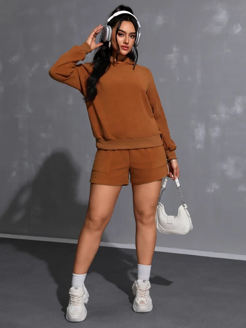 Women’s Long Sleeve Hoodie and Pocketed Shorts Set | CozyFits in Caramel
