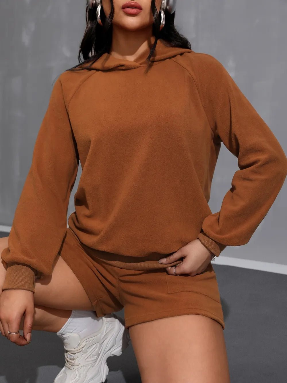 Women’s Long Sleeve Hoodie and Pocketed Shorts Set | CozyFits in Caramel