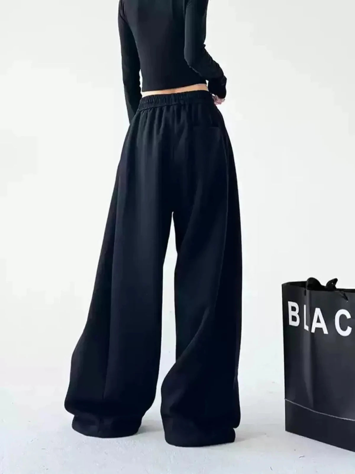 Women's Oversized Wide Leg Drawstring Pants | Flowy Relaxed Fit | CozyFits in Black