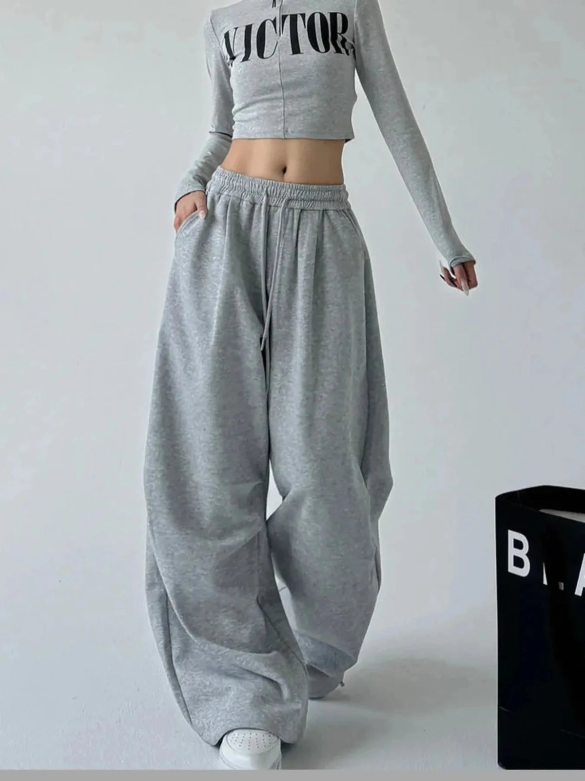 Women's Oversized Wide Leg Drawstring Pants | Flowy Relaxed Fit | CozyFits in Gray
