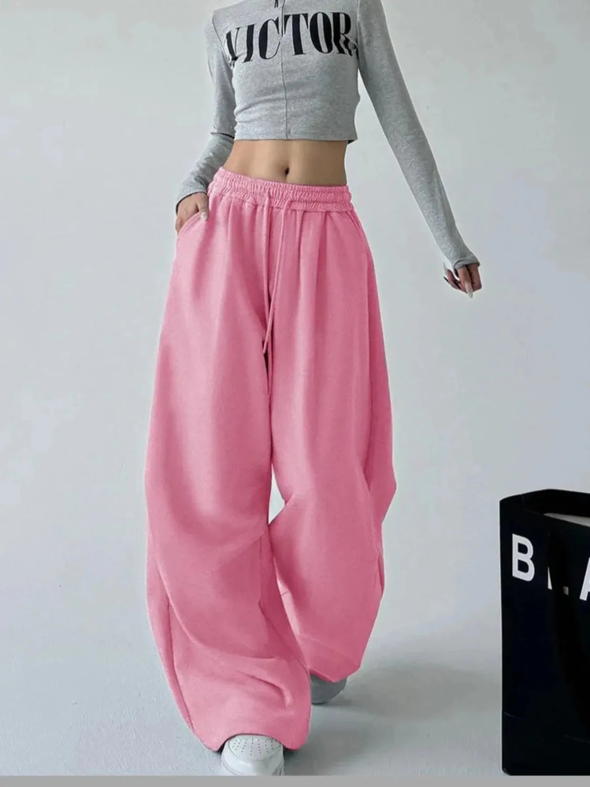 Women's Oversized Wide Leg Drawstring Pants | Flowy Relaxed Fit | CozyFits in Pink