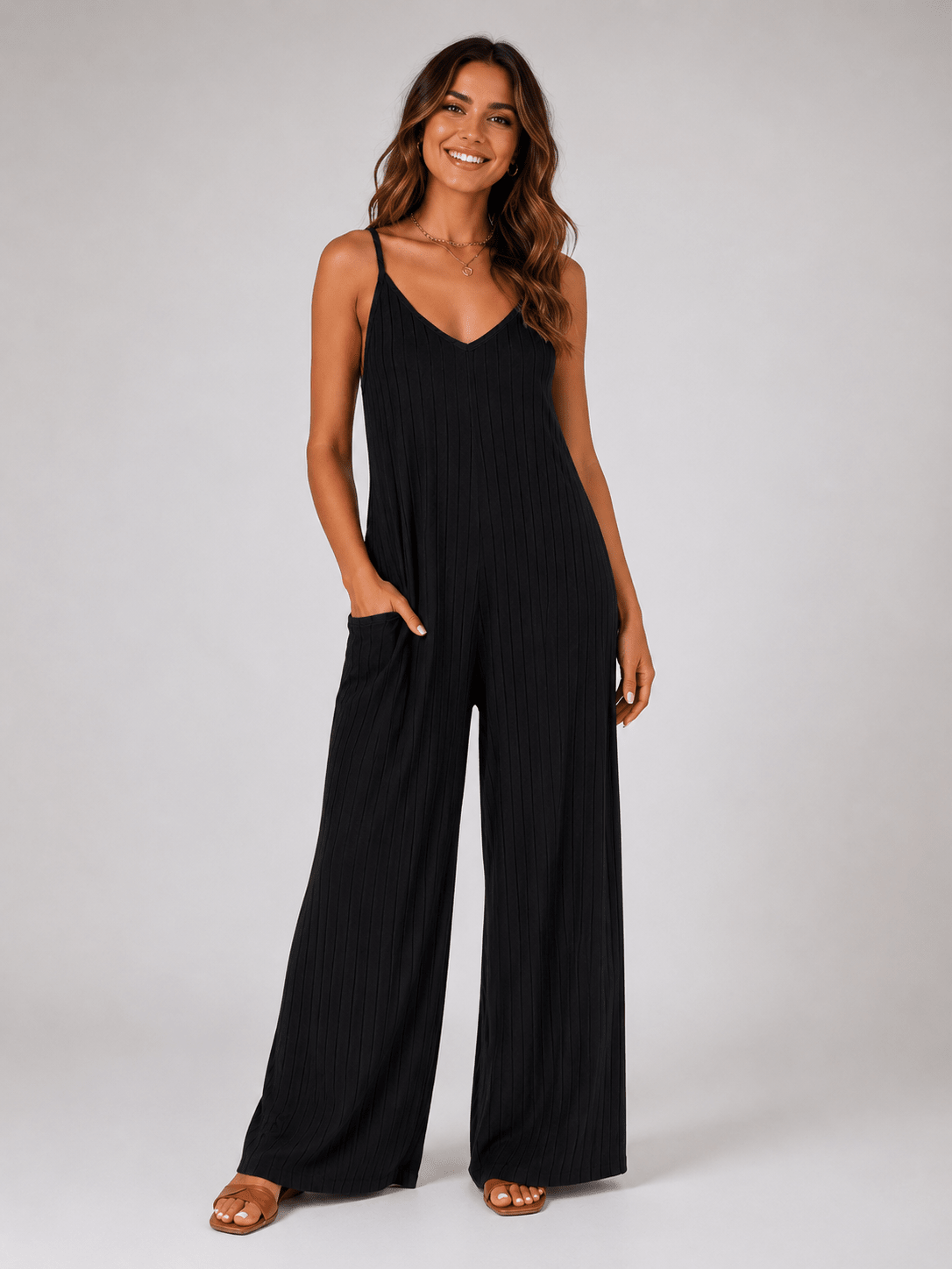 Women’s Ribbed V - Neck Wide Leg Jumpsuit | CozyFits in Black