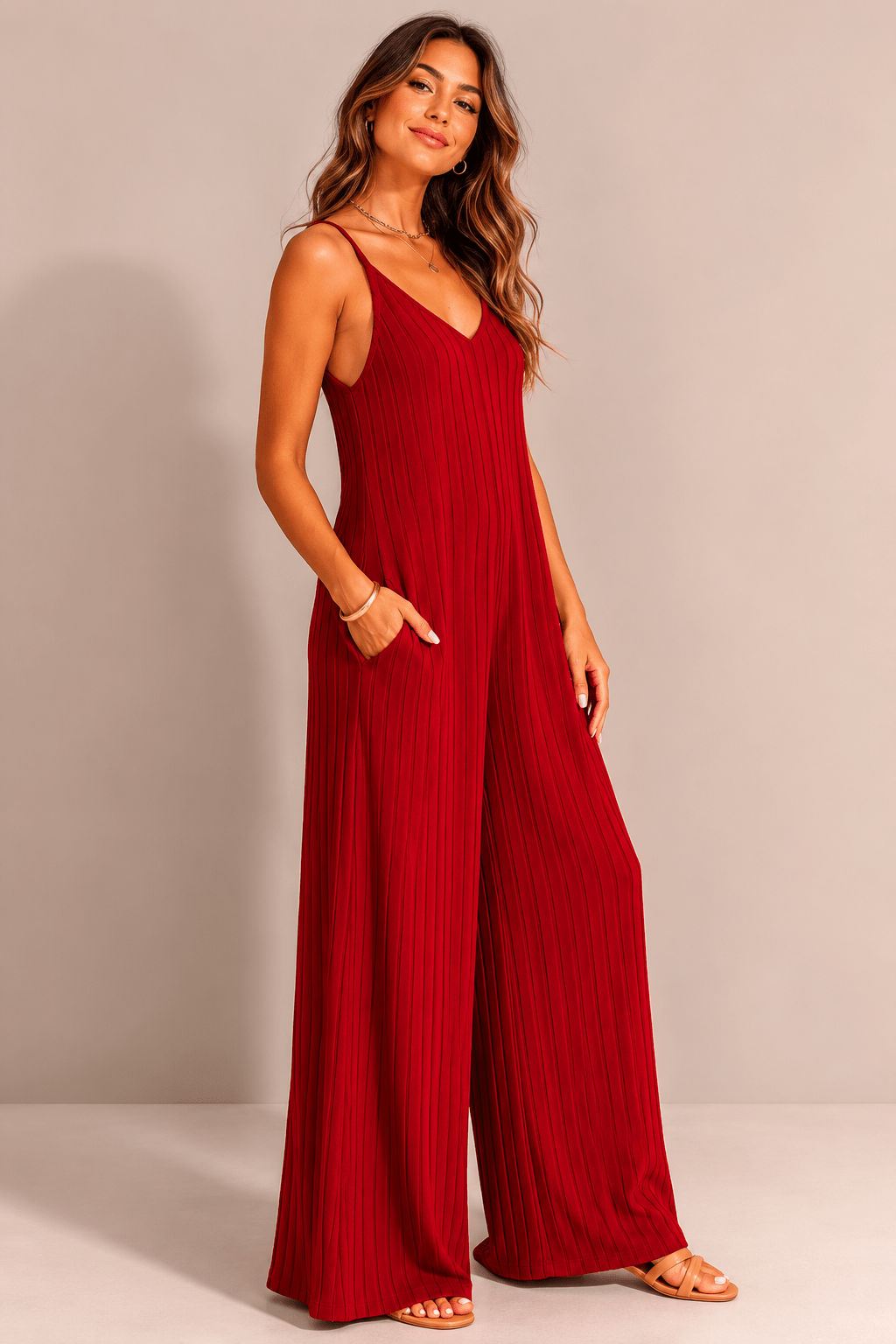 Women’s Ribbed V - Neck Wide Leg Jumpsuit | CozyFits in Black