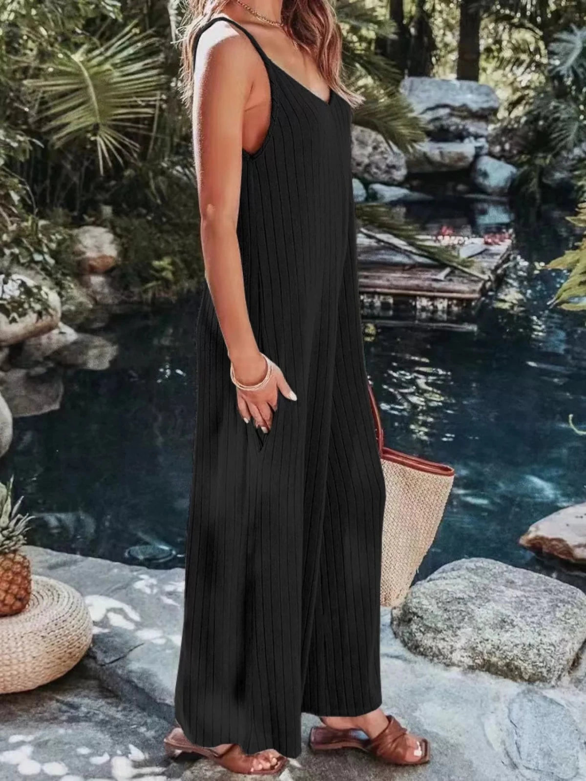 Women’s Ribbed V - Neck Wide Leg Jumpsuit | CozyFits in Black