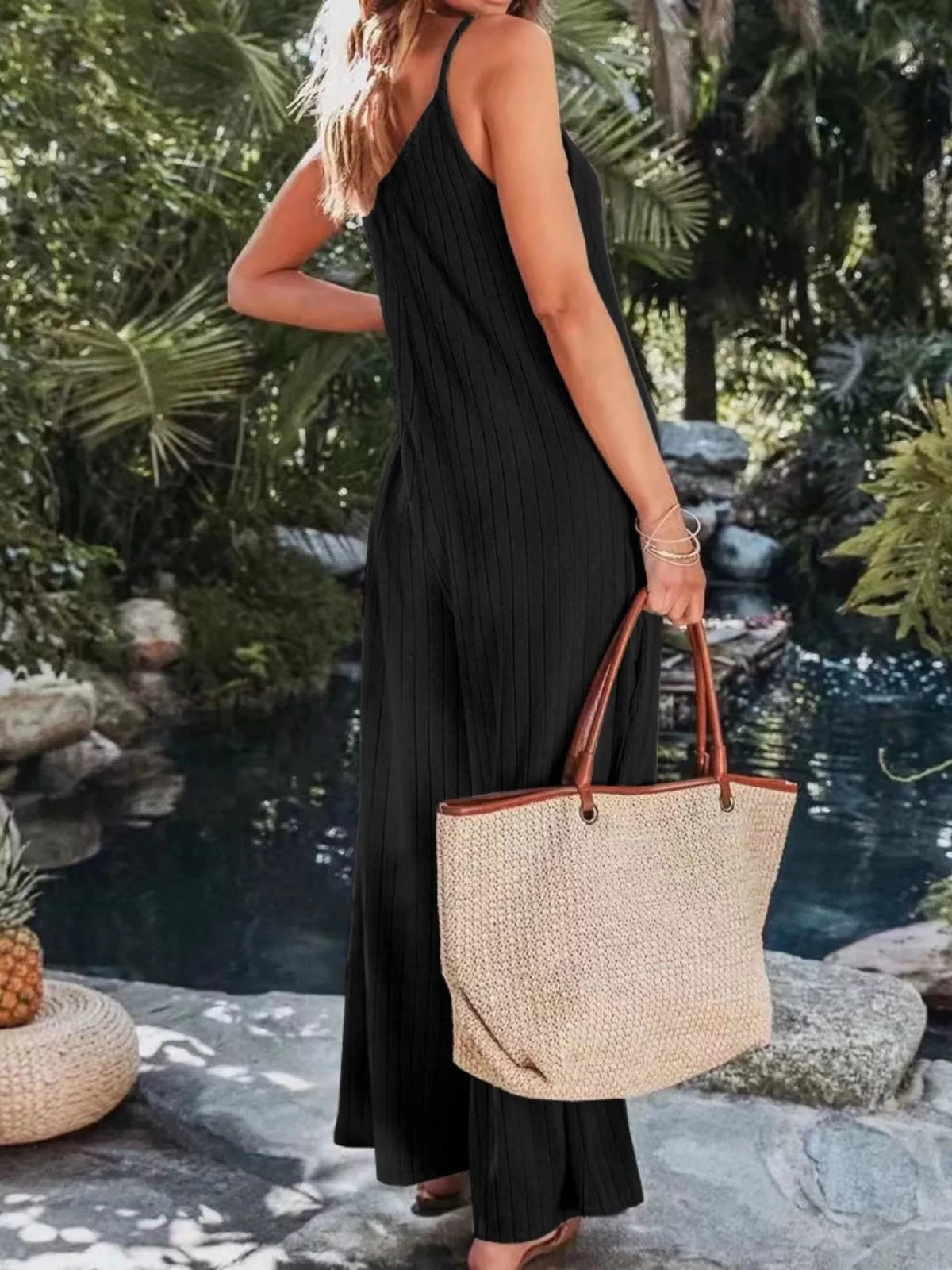 Women’s Ribbed V - Neck Wide Leg Jumpsuit | CozyFits in Black