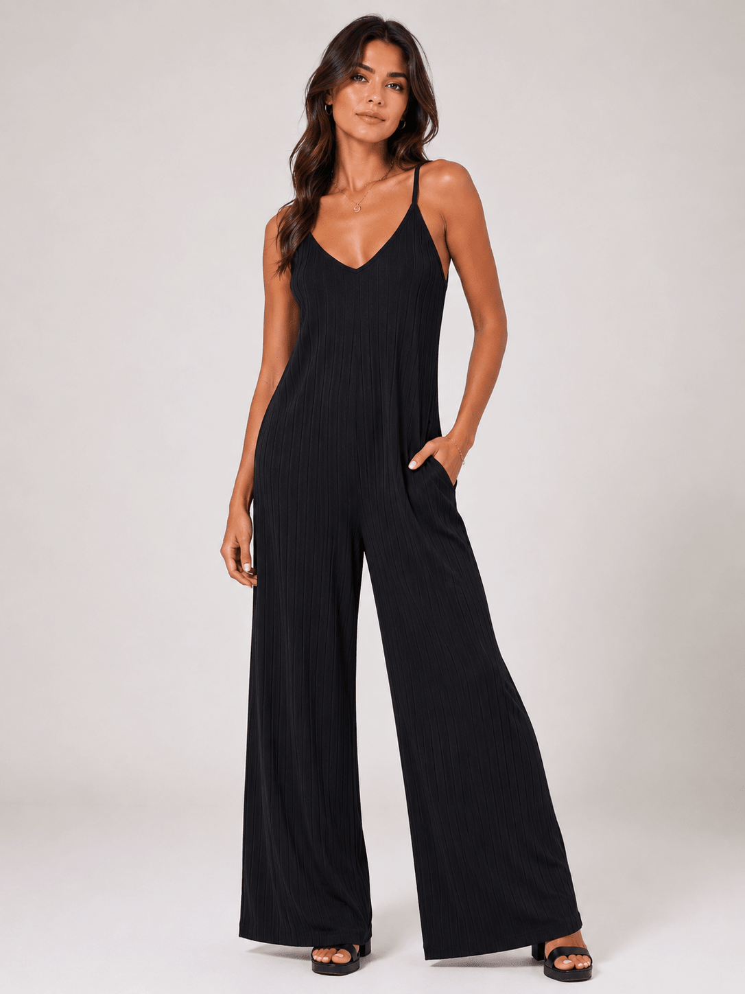 Women’s Ribbed V - Neck Wide Leg Jumpsuit | CozyFits in Black