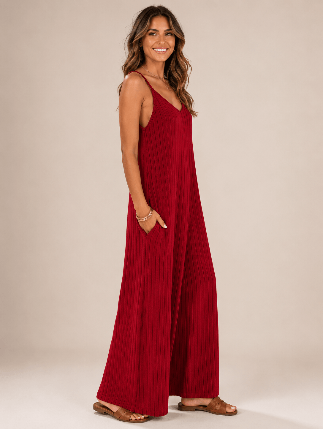 Women’s Ribbed V - Neck Wide Leg Jumpsuit | CozyFits in Black