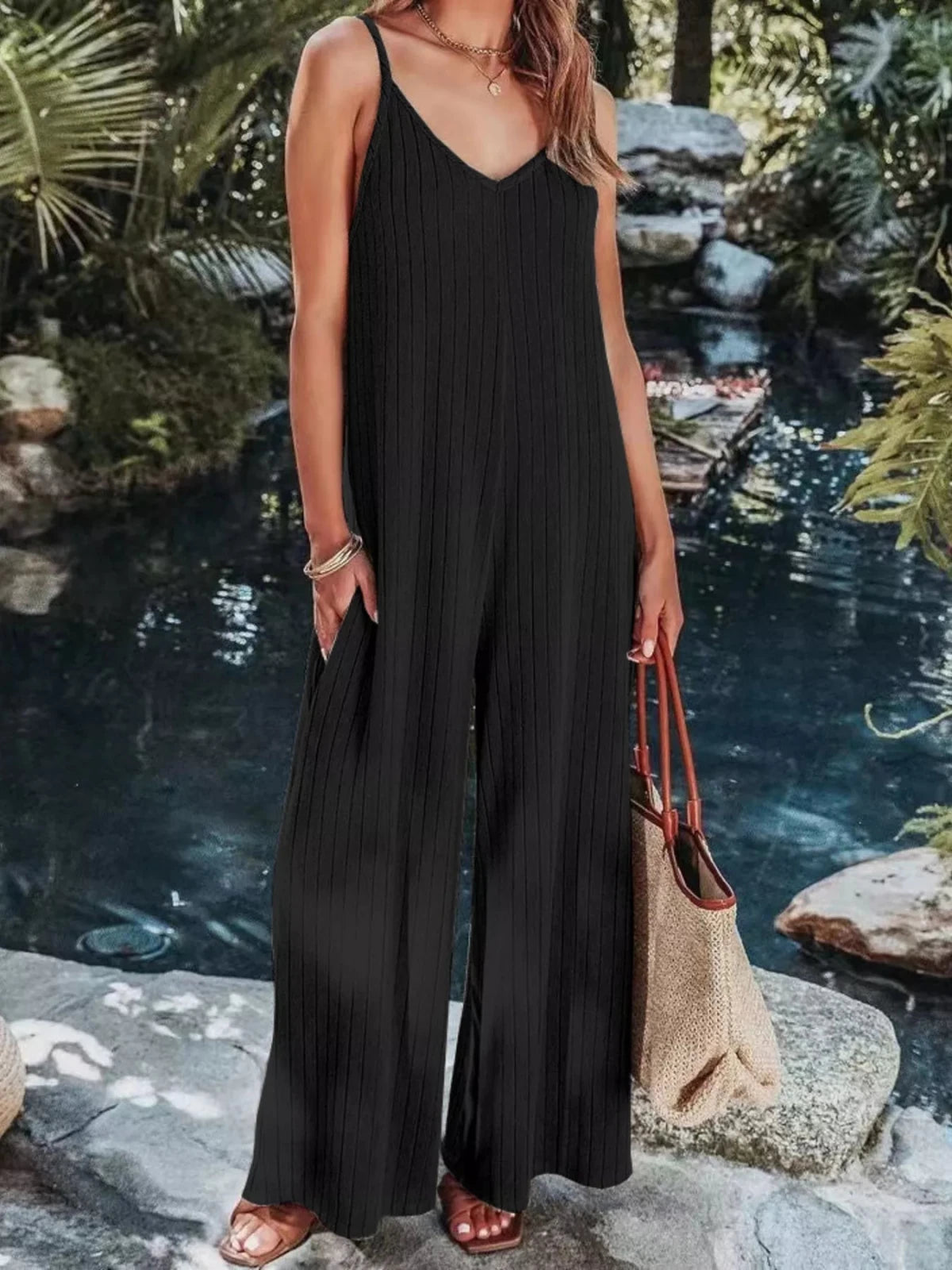 Women’s Ribbed V - Neck Wide Leg Jumpsuit | CozyFits in Black