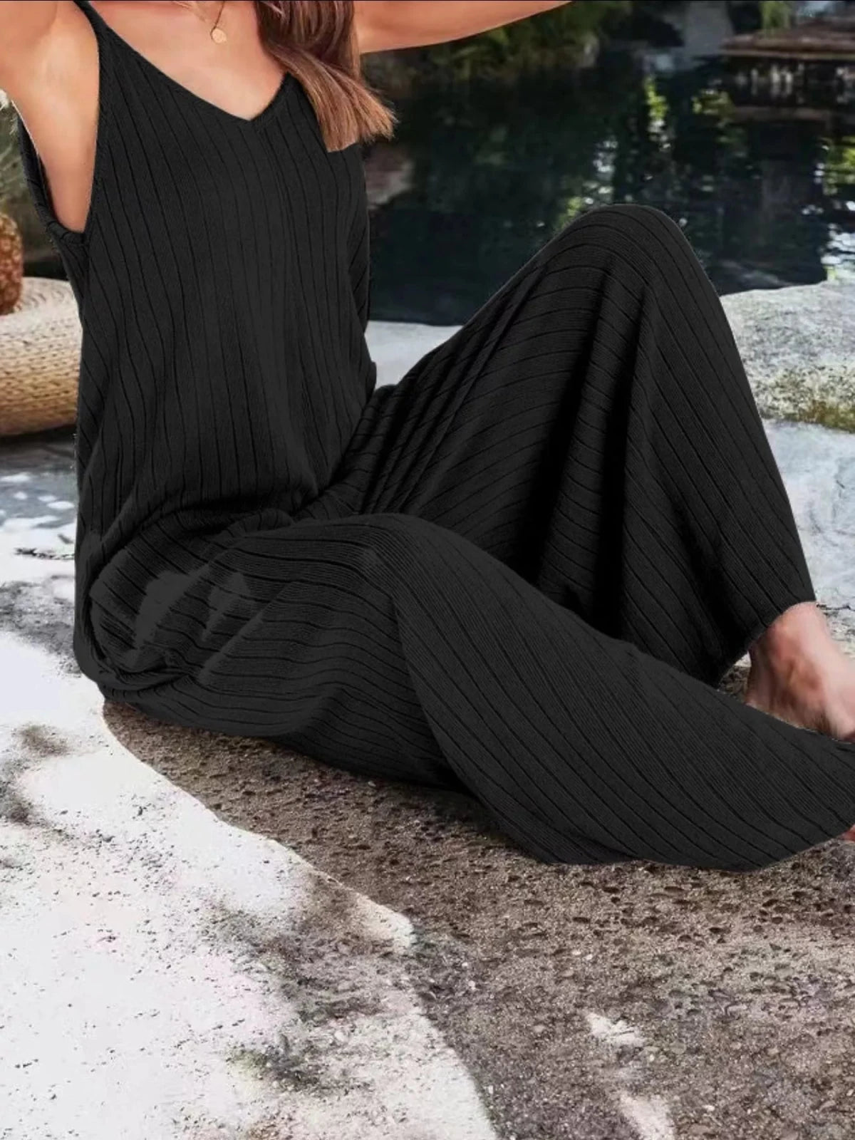 Women’s Ribbed V - Neck Wide Leg Jumpsuit | CozyFits in Black