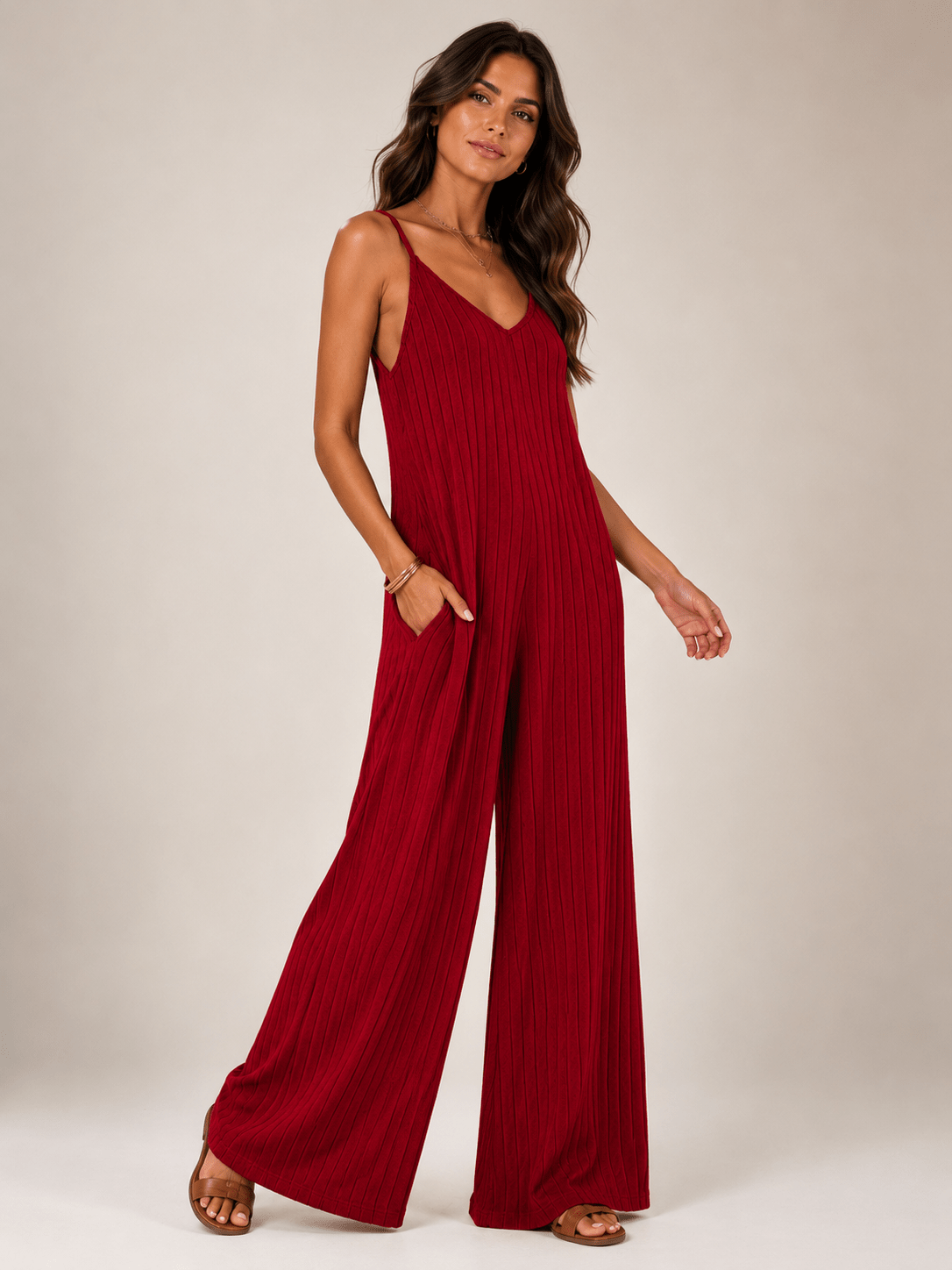 Women’s Ribbed V - Neck Wide Leg Jumpsuit | CozyFits in Black