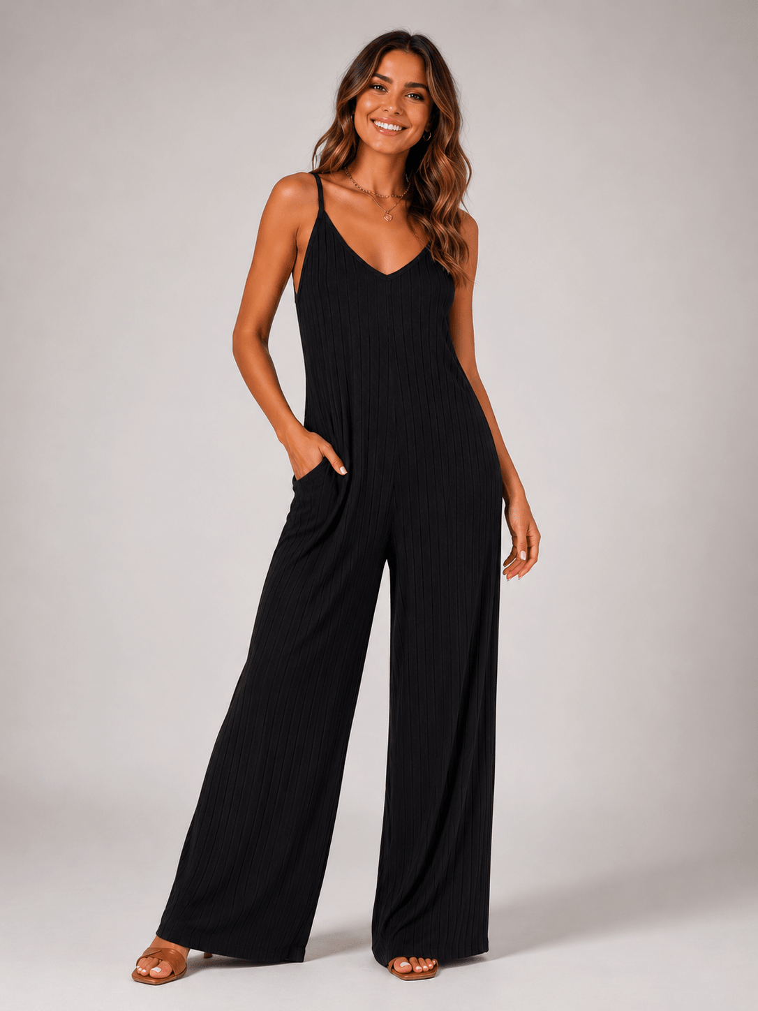 Women’s Ribbed V - Neck Wide Leg Jumpsuit | CozyFits in Black