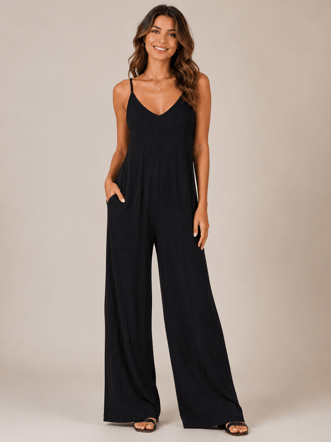 Women’s Ribbed V - Neck Wide Leg Jumpsuit | CozyFits in Black