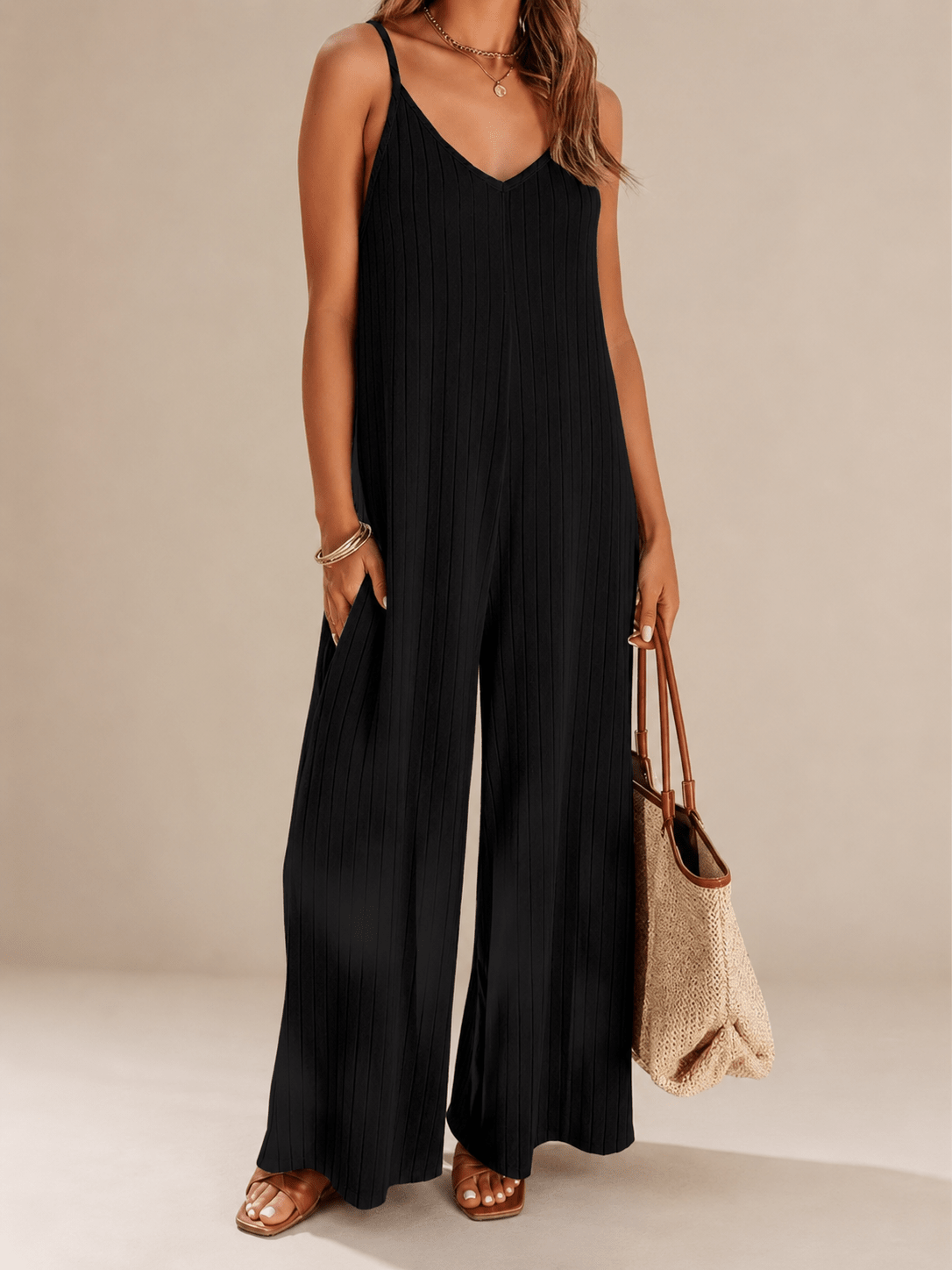 Women’s Ribbed V - Neck Wide Leg Jumpsuit | CozyFits in Black