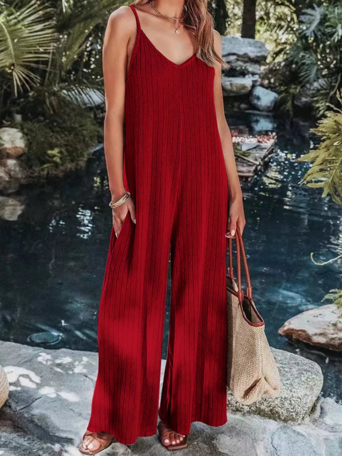Women’s Ribbed V - Neck Wide Leg Jumpsuit | CozyFits in Deep Red