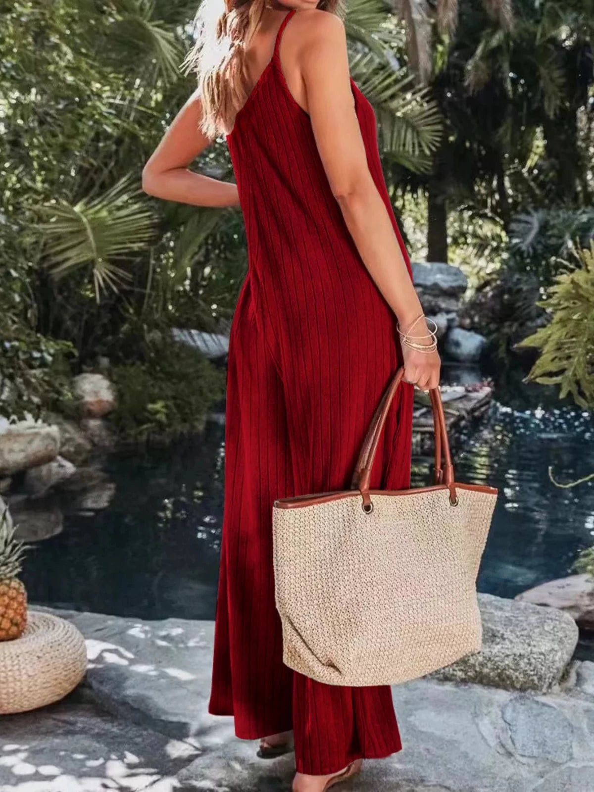 Women’s Ribbed V - Neck Wide Leg Jumpsuit | CozyFits in Deep Red