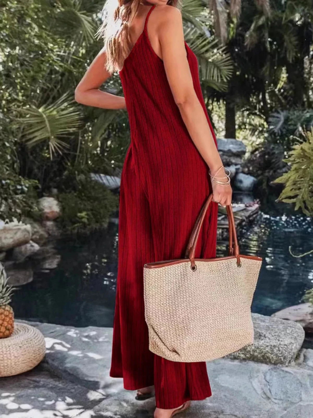 Women’s Ribbed V - Neck Wide Leg Jumpsuit | CozyFits in Deep Red