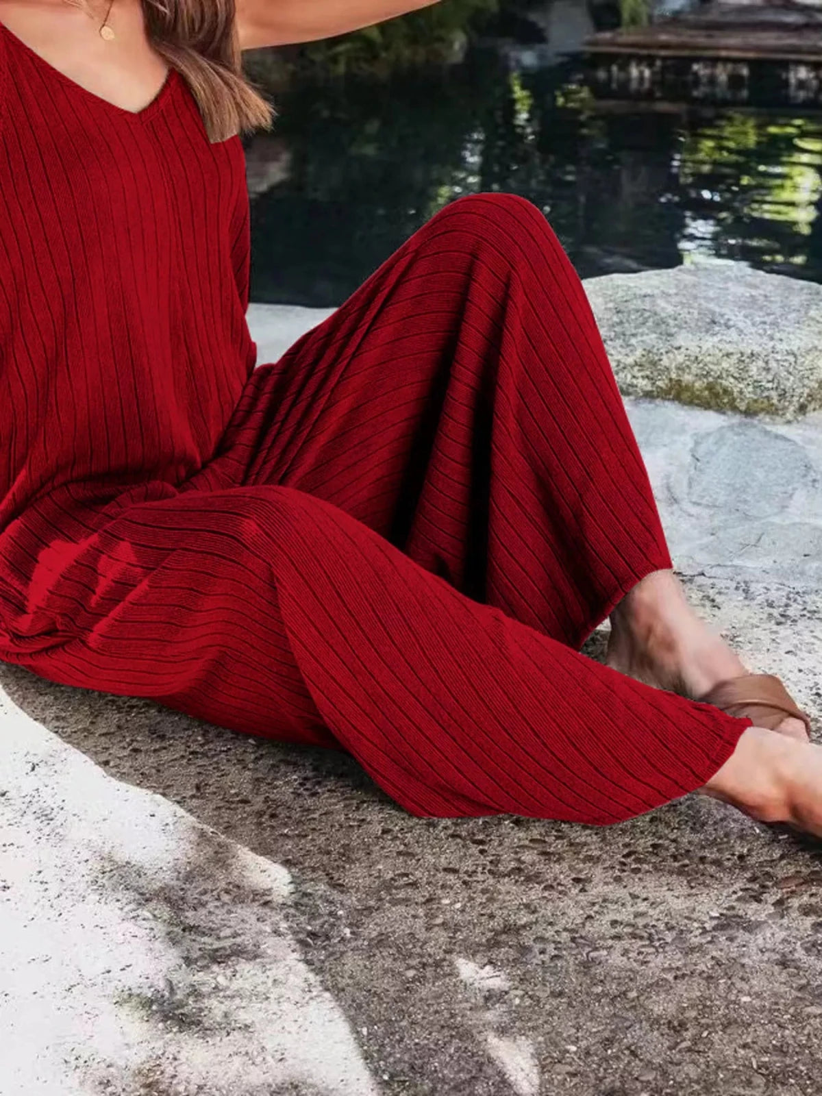 Women’s Ribbed V - Neck Wide Leg Jumpsuit | CozyFits in Deep Red