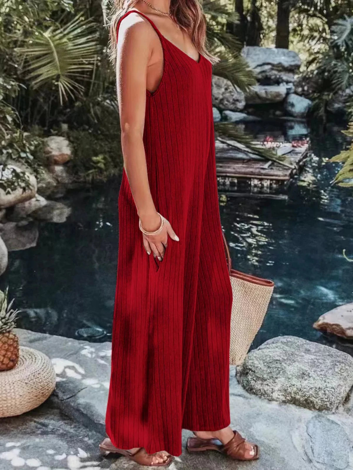 Women’s Ribbed V - Neck Wide Leg Jumpsuit | CozyFits in Deep Red