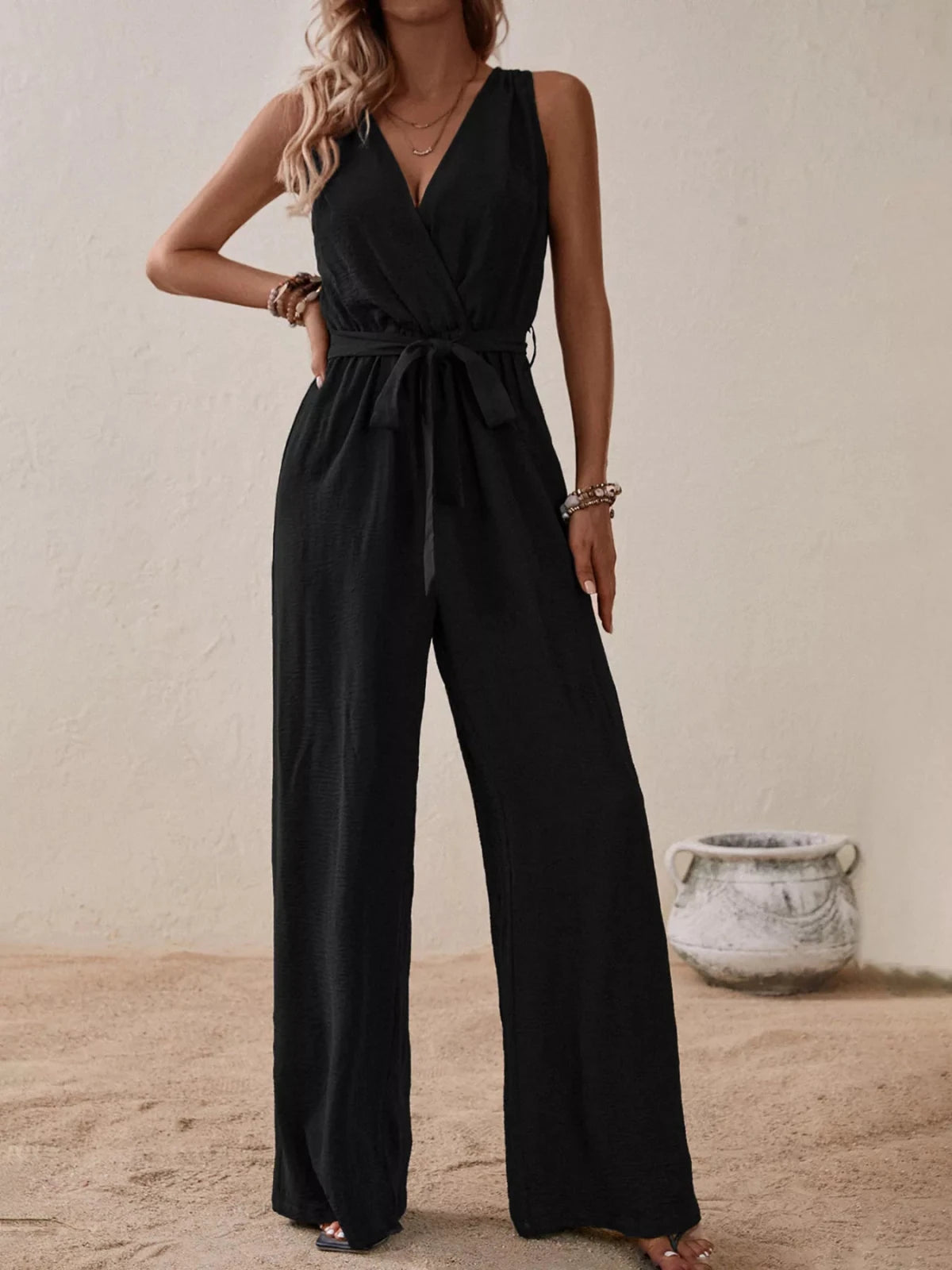 Women’s Sleeveless Tie Waist Wide Leg Jumpsuit | CozyFits in Black