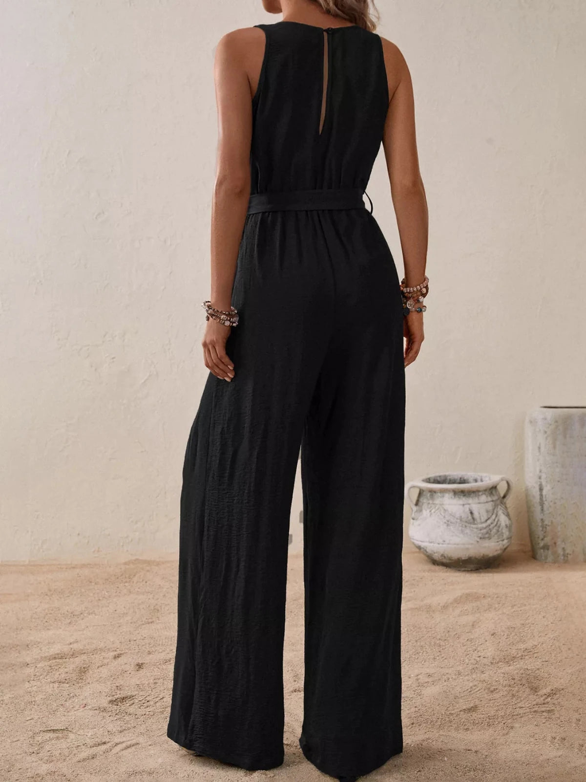 Women’s Sleeveless Tie Waist Wide Leg Jumpsuit | CozyFits in Black