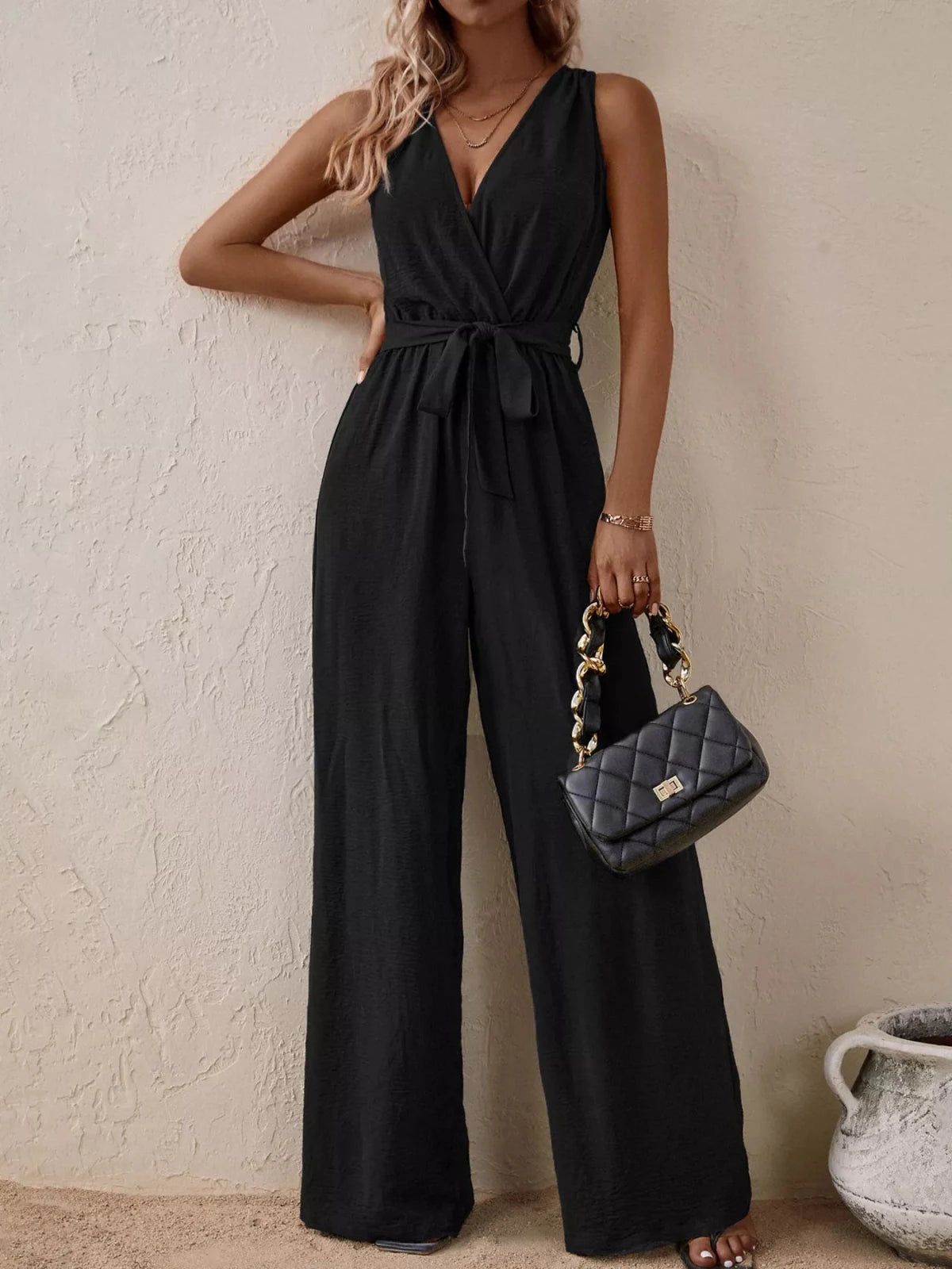 Women’s Sleeveless Tie Waist Wide Leg Jumpsuit | CozyFits in Black