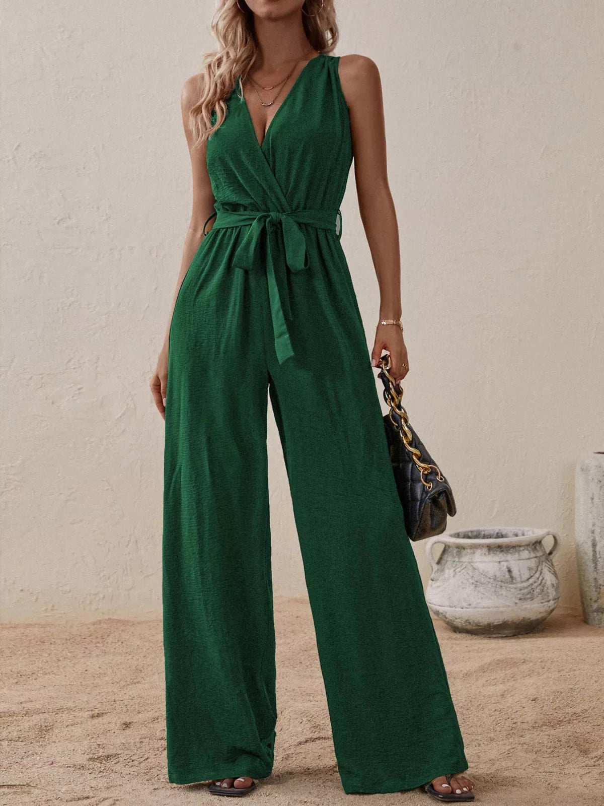 Women’s Sleeveless Tie Waist Wide Leg Jumpsuit | CozyFits in Dark Green