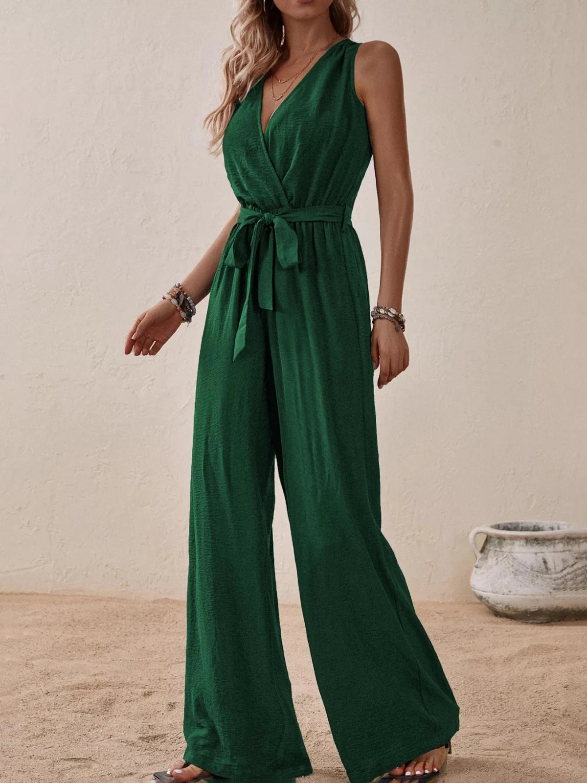 Women’s Sleeveless Tie Waist Wide Leg Jumpsuit | CozyFits in Dark Green