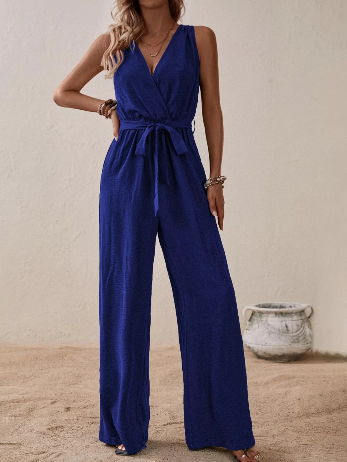 Women’s Sleeveless Tie Waist Wide Leg Jumpsuit | CozyFits in Royal Blue