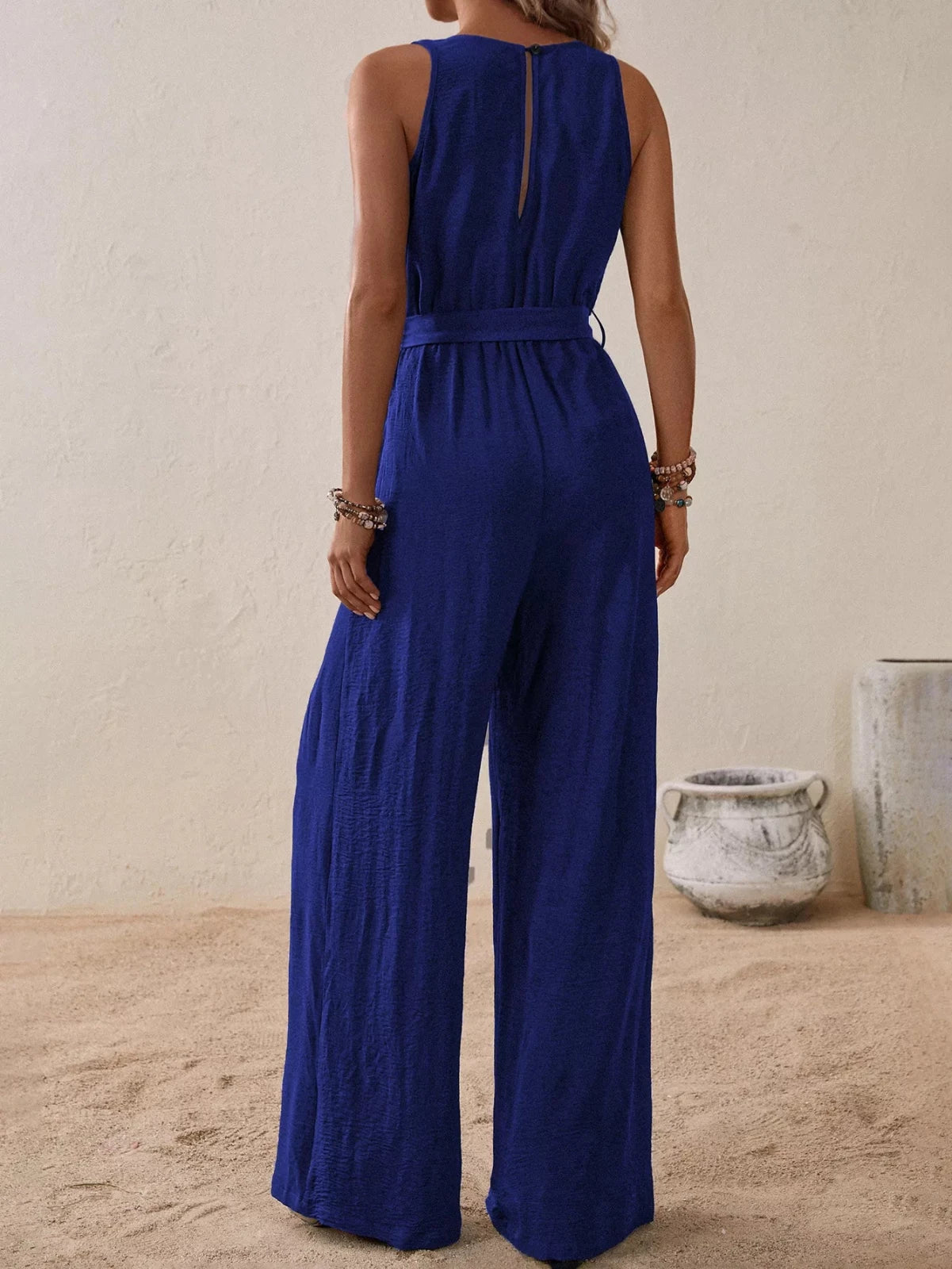 Women’s Sleeveless Tie Waist Wide Leg Jumpsuit | CozyFits in Royal Blue