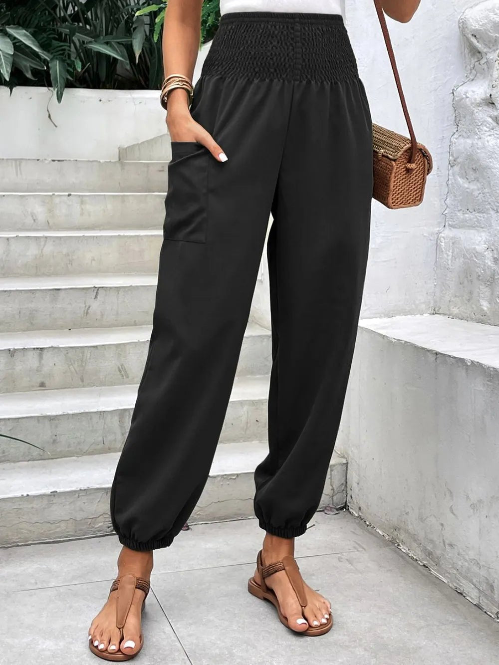 Women's Smocked High Rise Joggers with Pockets | CozyFits in Black