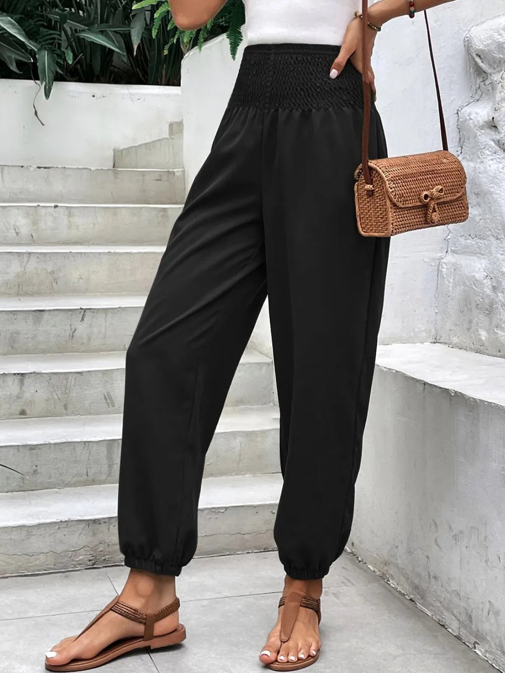 Women's Smocked High Rise Joggers with Pockets | CozyFits in Black