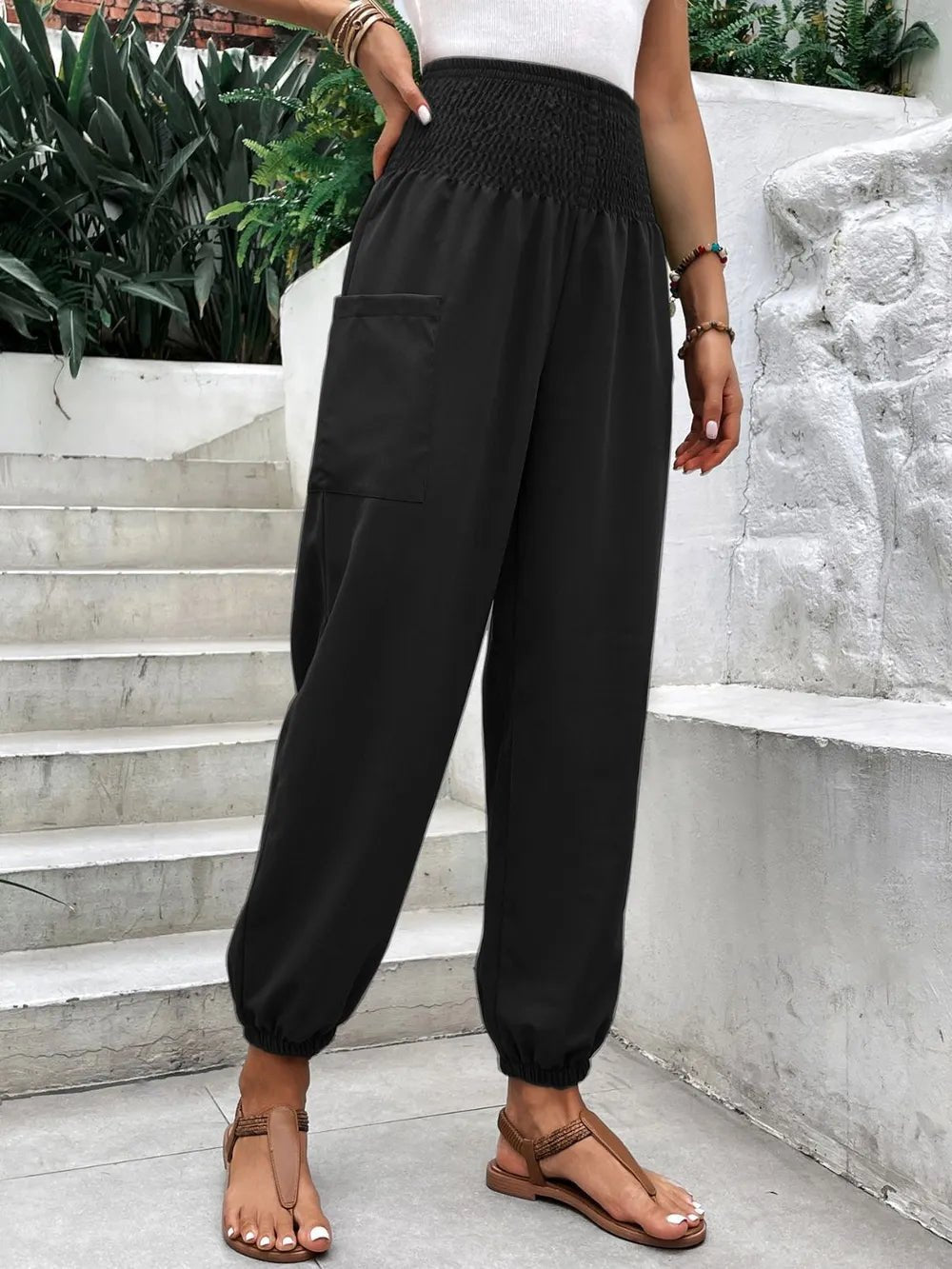 Women's Smocked High Rise Joggers with Pockets | CozyFits in Black