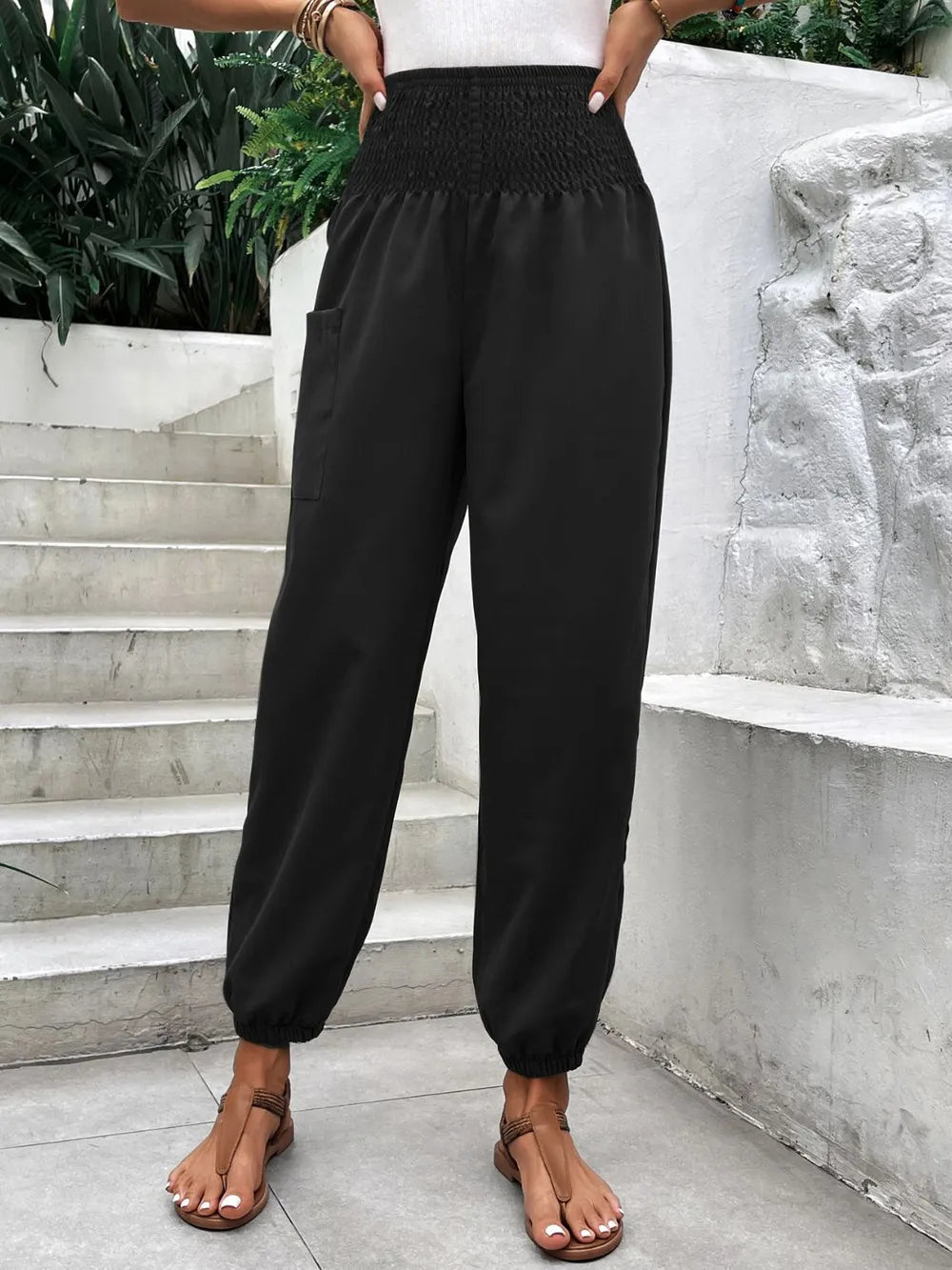 Women's Smocked High Rise Joggers with Pockets | CozyFits in Black