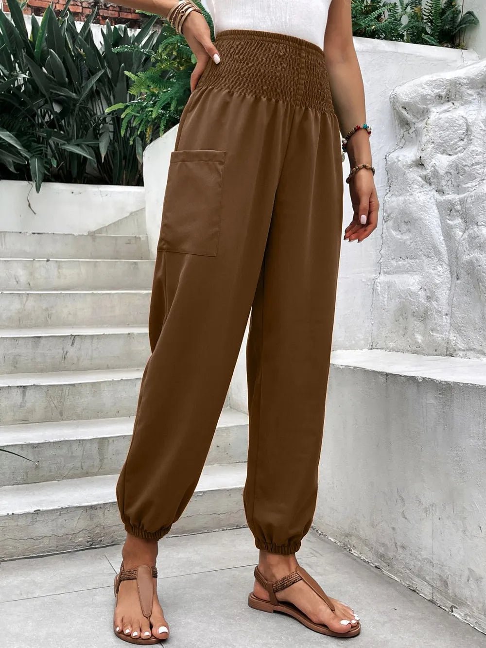 Women's Smocked High Rise Joggers with Pockets | CozyFits in Brown