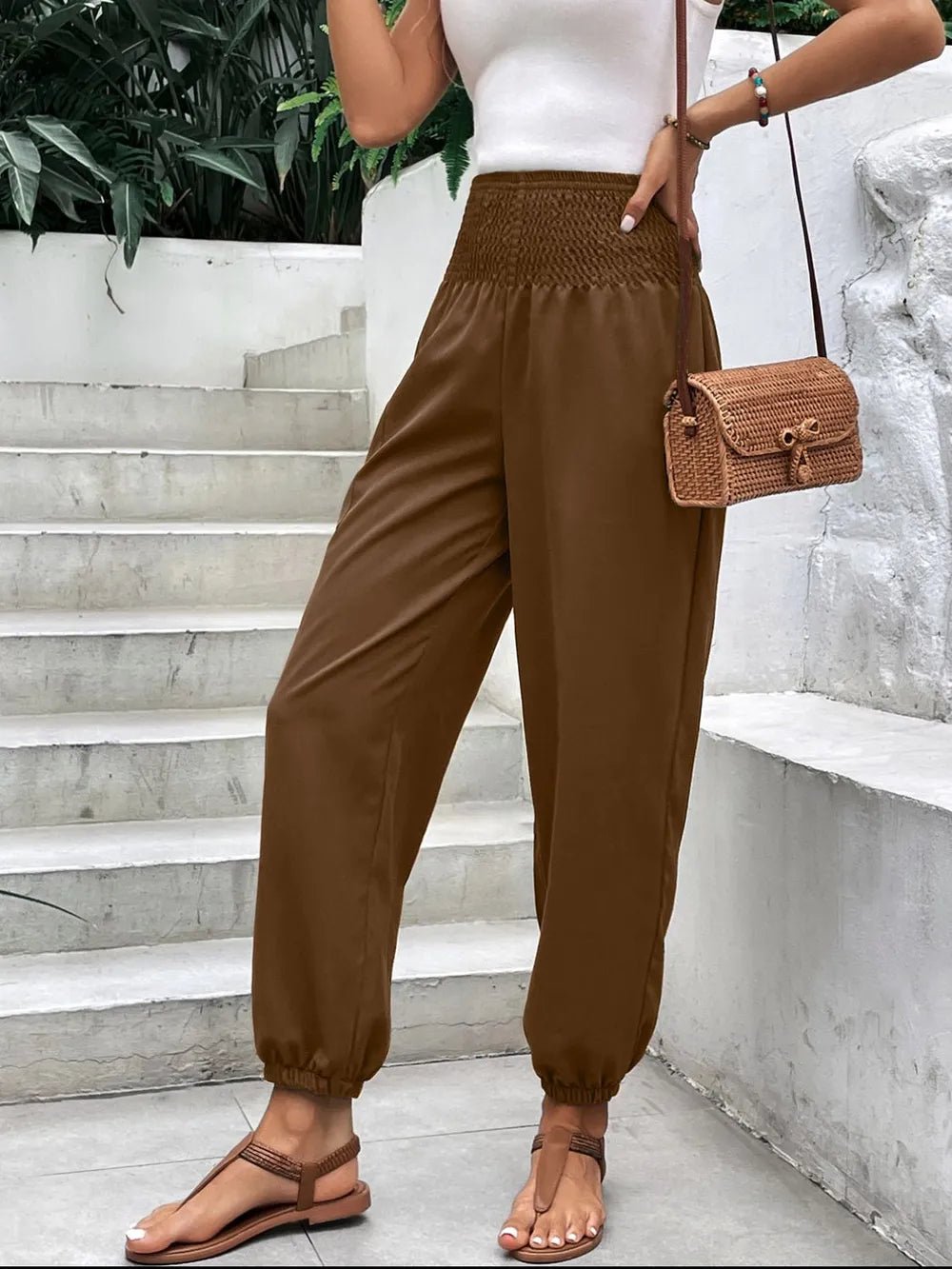 Women's Smocked High Rise Joggers with Pockets | CozyFits in Brown