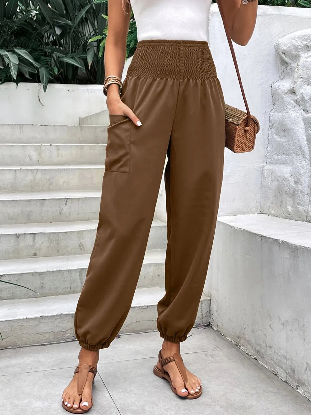 Women's Smocked High Rise Joggers with Pockets | CozyFits in Brown