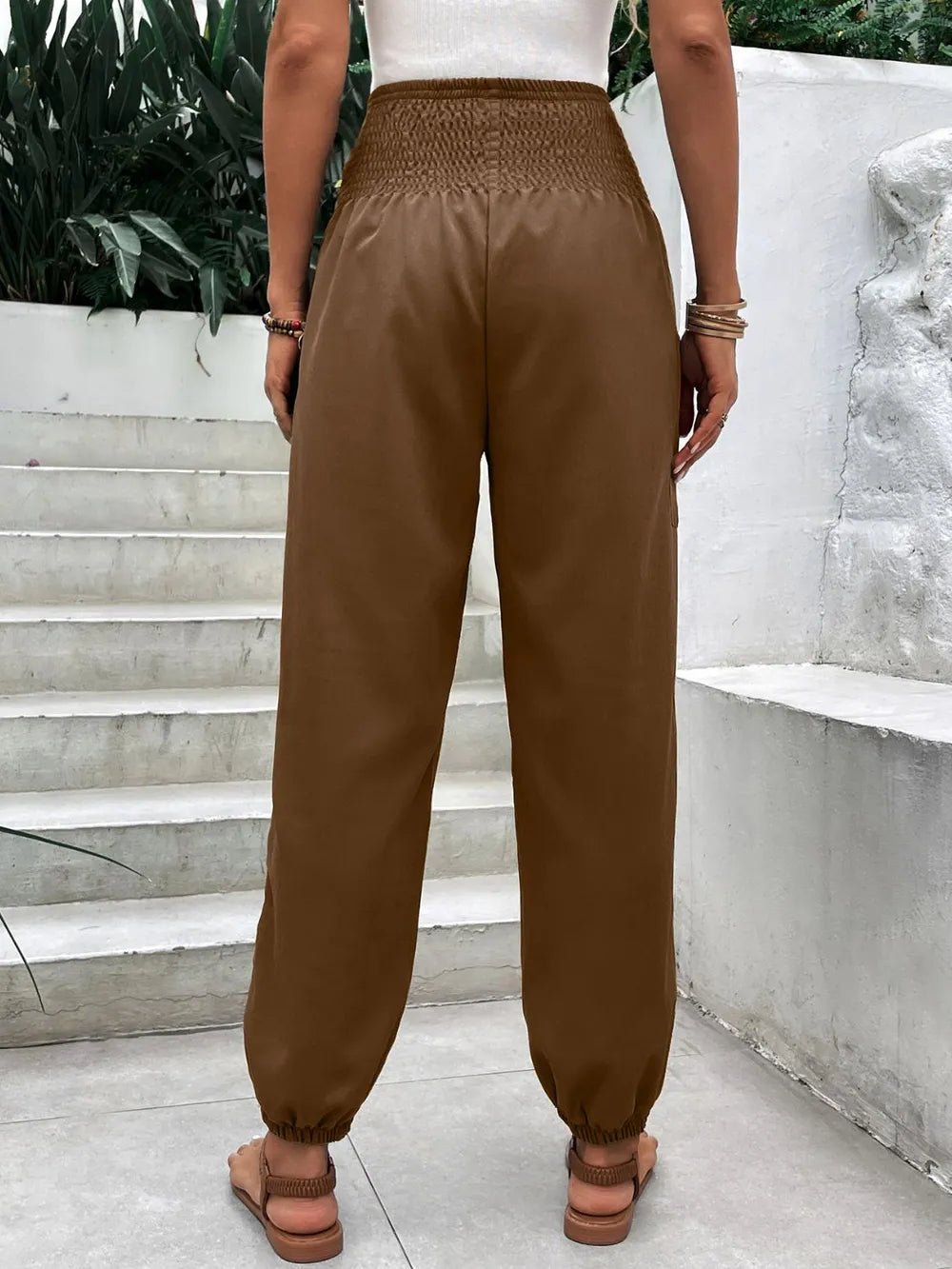 Women's Smocked High Rise Joggers with Pockets | CozyFits in Brown
