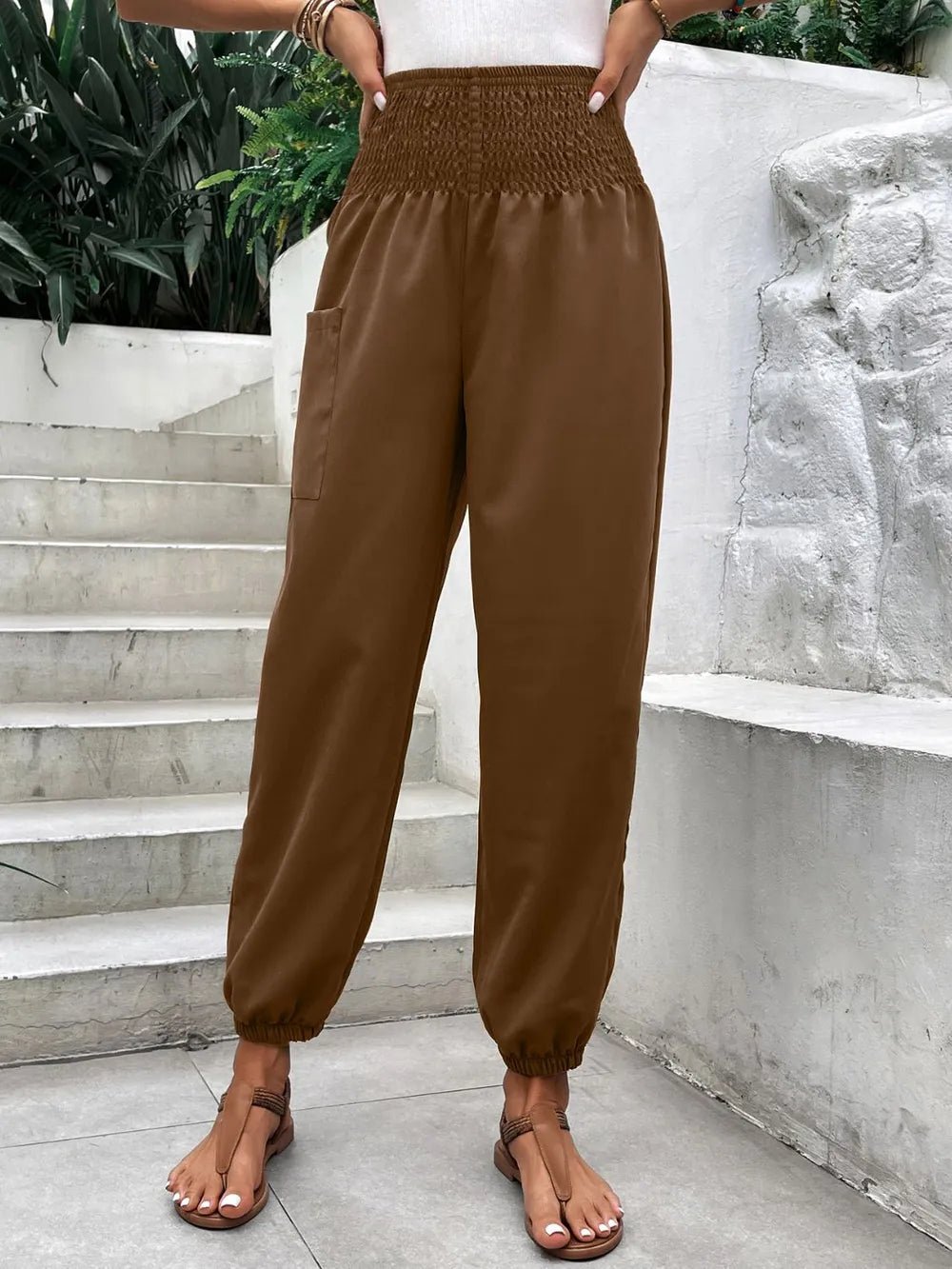 Women's Smocked High Rise Joggers with Pockets | CozyFits in Brown