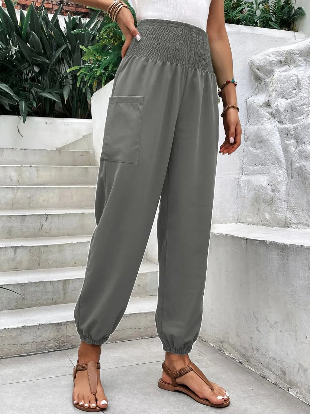 Women's Smocked High Rise Joggers with Pockets | CozyFits in Gray