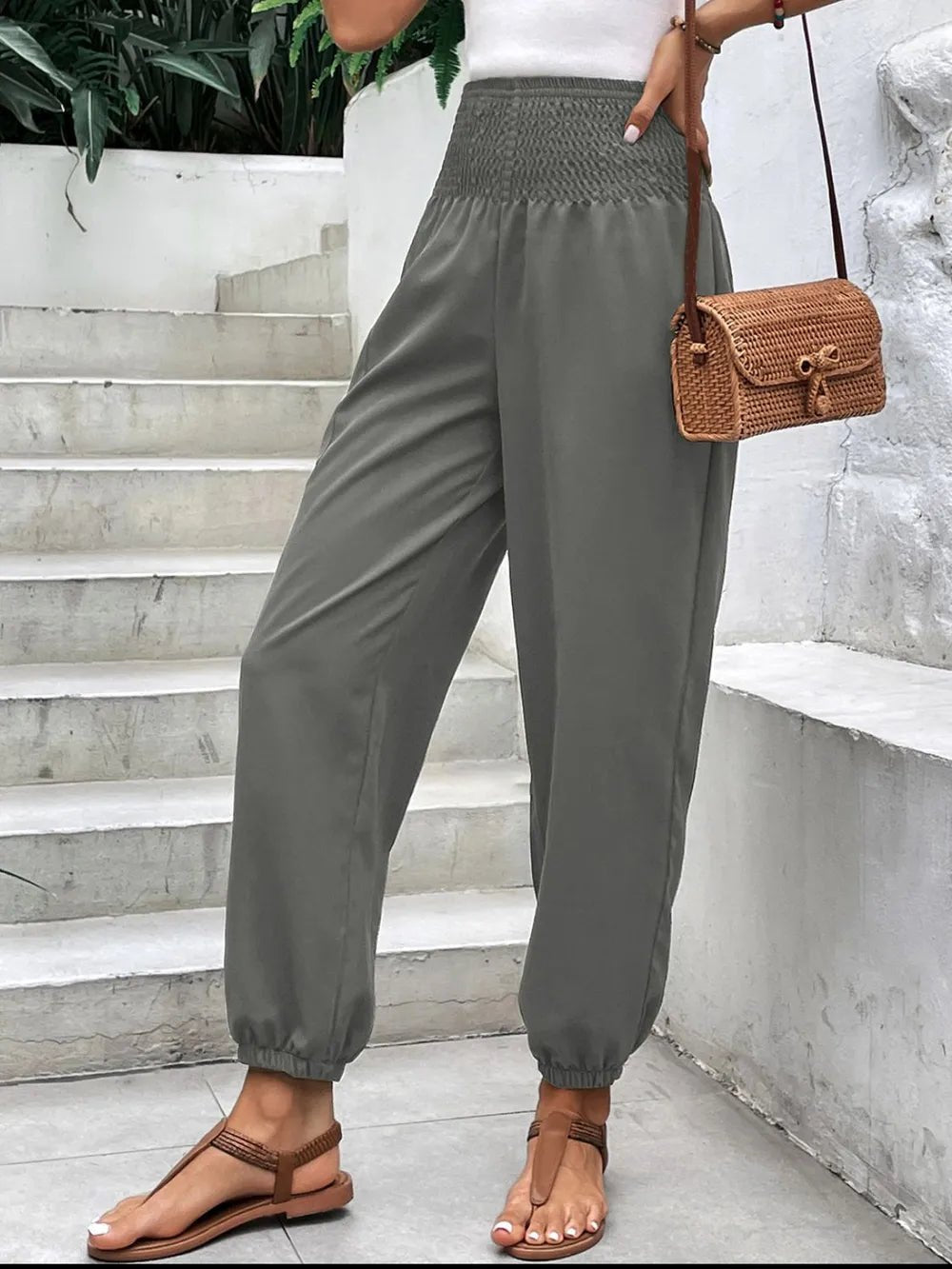 Women's Smocked High Rise Joggers with Pockets | CozyFits in Gray
