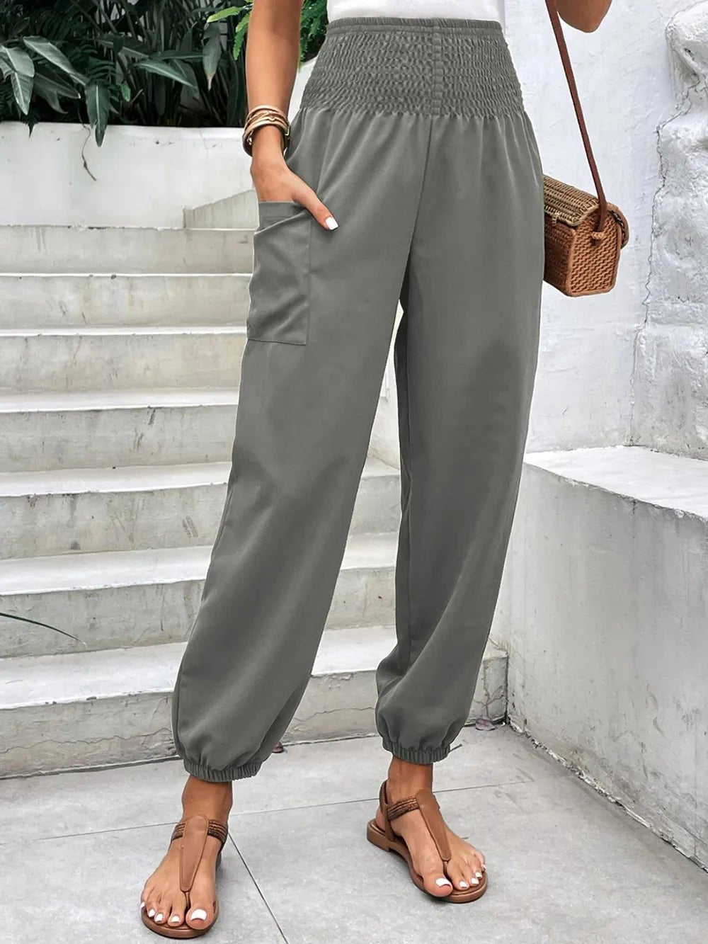 Women's Smocked High Rise Joggers with Pockets | CozyFits in Gray