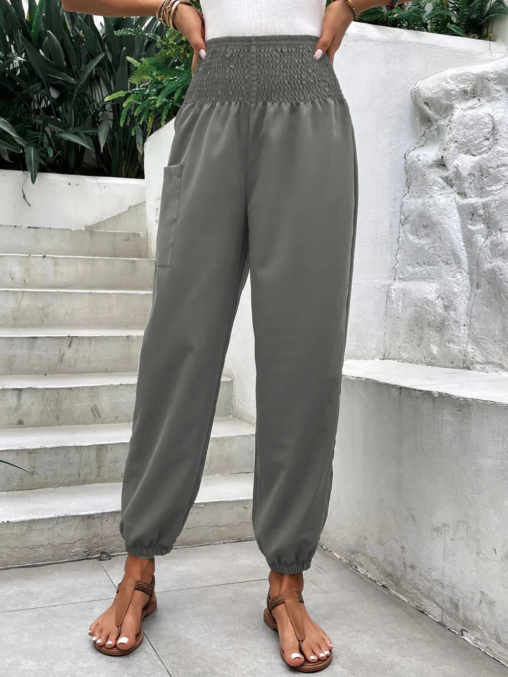 Women's Smocked High Rise Joggers with Pockets | CozyFits in Gray