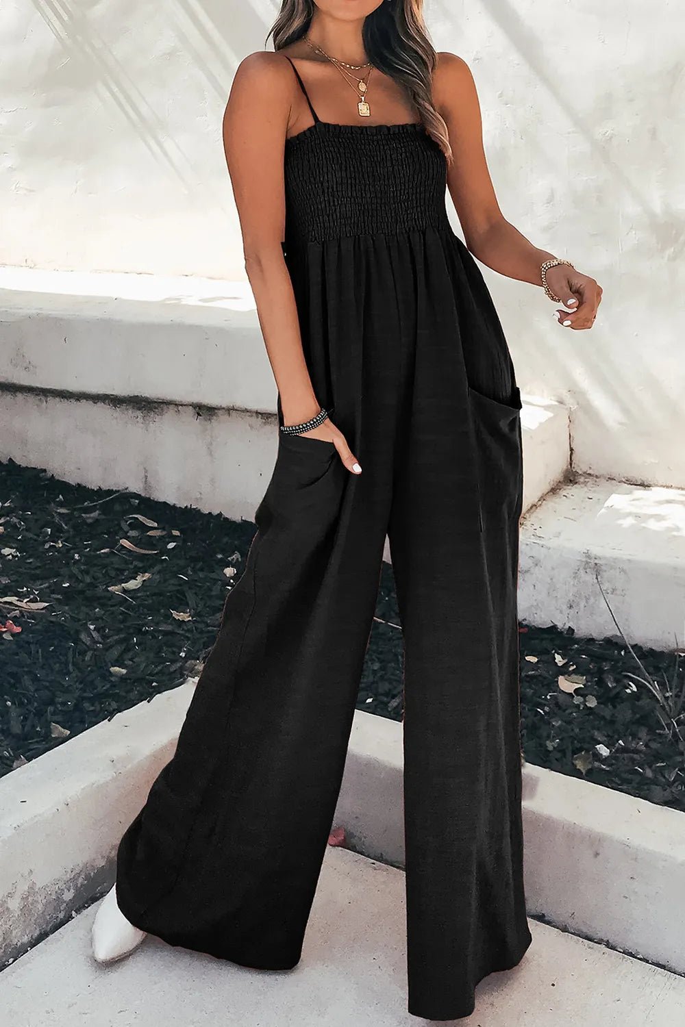 Women’s Smocked Spaghetti Strap Wide Leg Jumpsuit | CozyFits in Black
