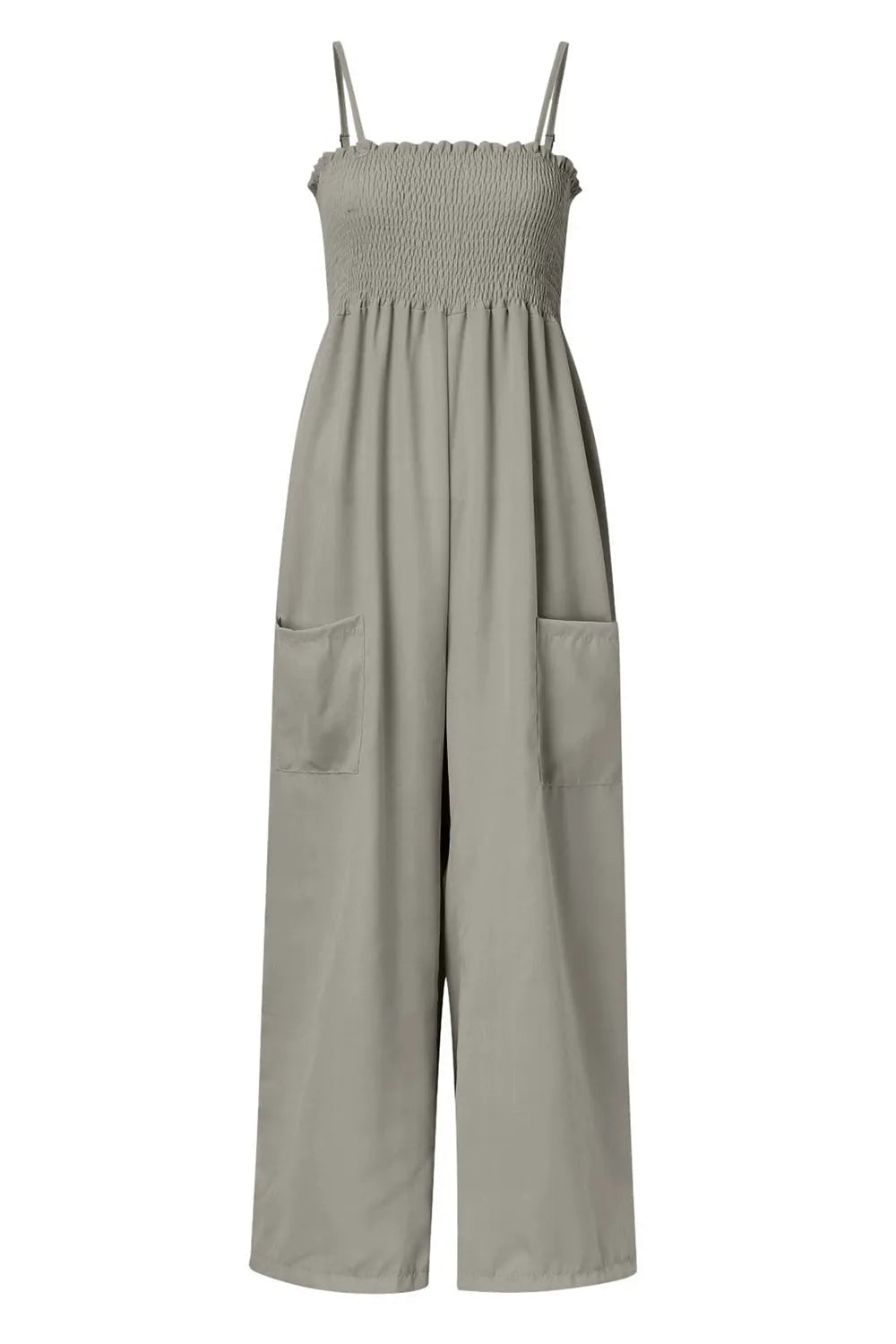 Women’s Smocked Spaghetti Strap Wide Leg Jumpsuit | CozyFits in Gray
