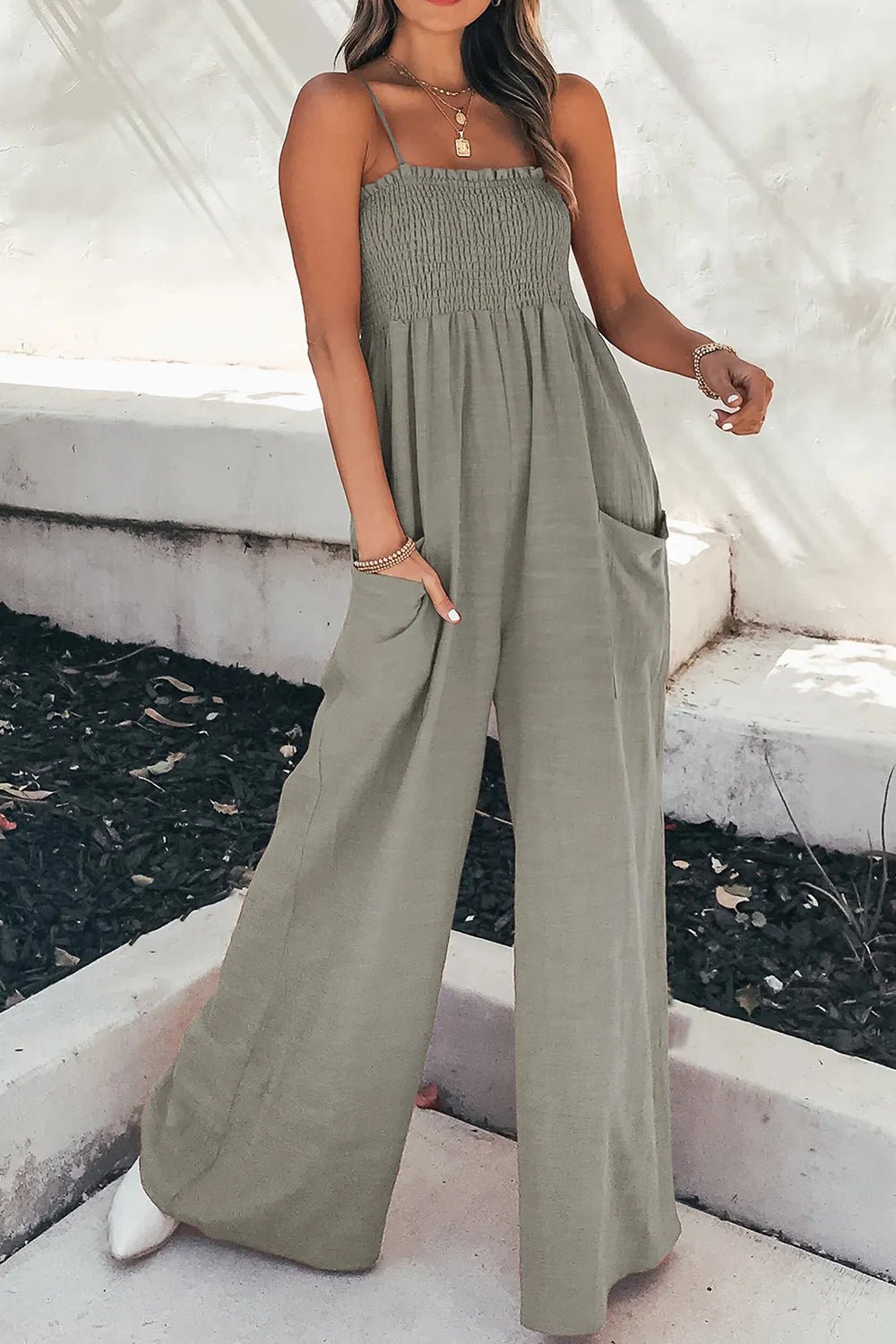Women’s Smocked Spaghetti Strap Wide Leg Jumpsuit | CozyFits in Gray