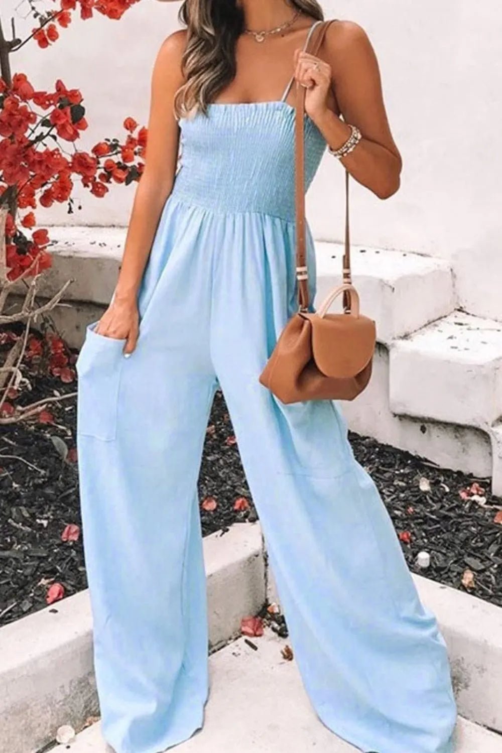Women’s Smocked Spaghetti Strap Wide Leg Jumpsuit | CozyFits in Light Blue