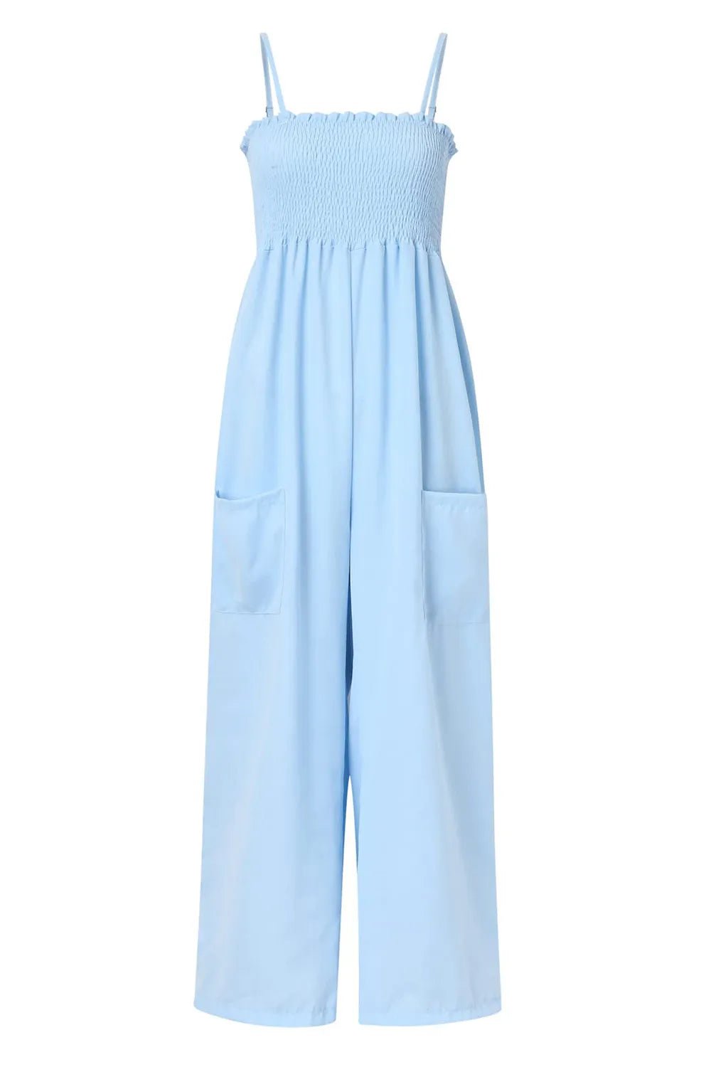 Women’s Smocked Spaghetti Strap Wide Leg Jumpsuit | CozyFits in Light Blue