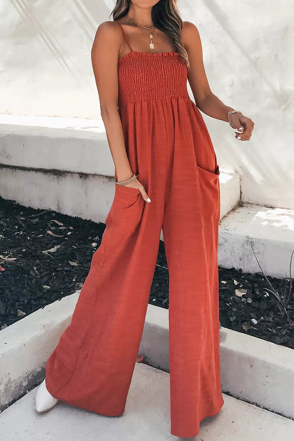 Women’s Smocked Spaghetti Strap Wide Leg Jumpsuit | CozyFits in Orange - Red